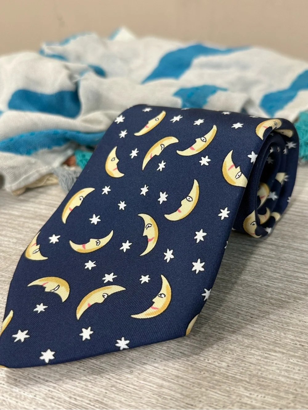 Vintage Hermes Silk Tie with Crescent Moon & Stars Pattern